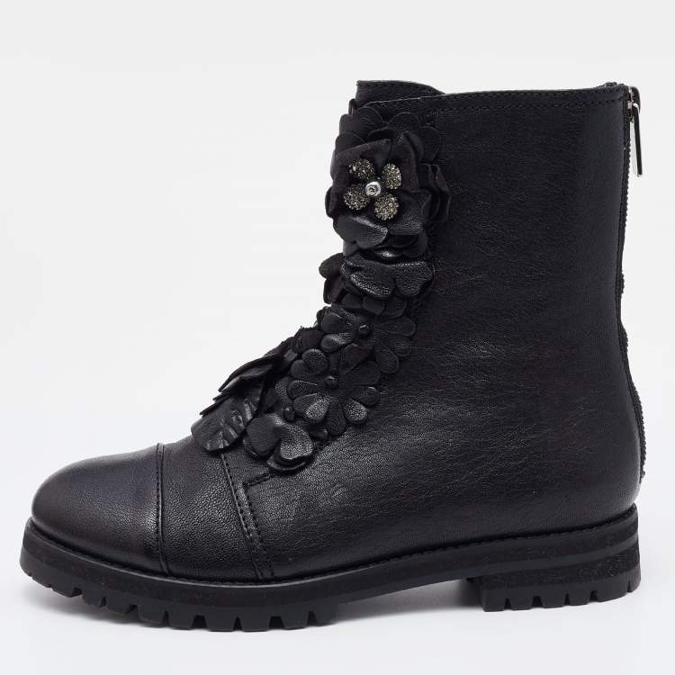 Pre Owned Jimmy Choo Black Leather Embellished Ankle Length Boots Size 37