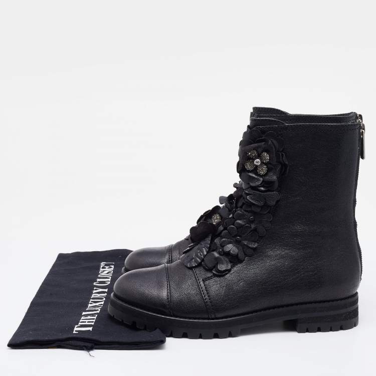 Pre Owned Jimmy Choo Black Leather Embellished Ankle Length Boots Size 37