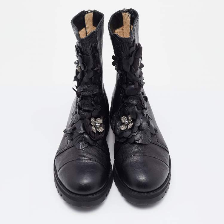 Pre Owned Jimmy Choo Black Leather Embellished Ankle Length Boots Size 37