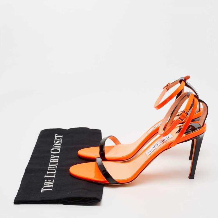 Pre Owned Jimmy Choo Orange/Black Patent Leather Strappy Sandals Size 40