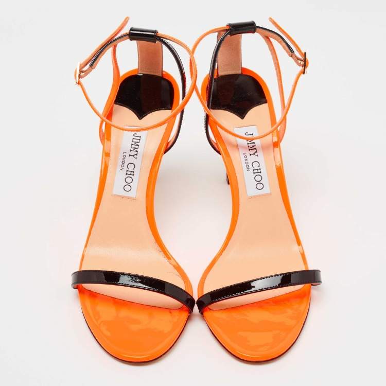 Pre Owned Jimmy Choo Orange/Black Patent Leather Strappy Sandals Size 40