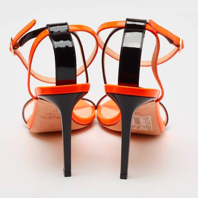 Pre Owned Jimmy Choo Orange/Black Patent Leather Strappy Sandals Size 40