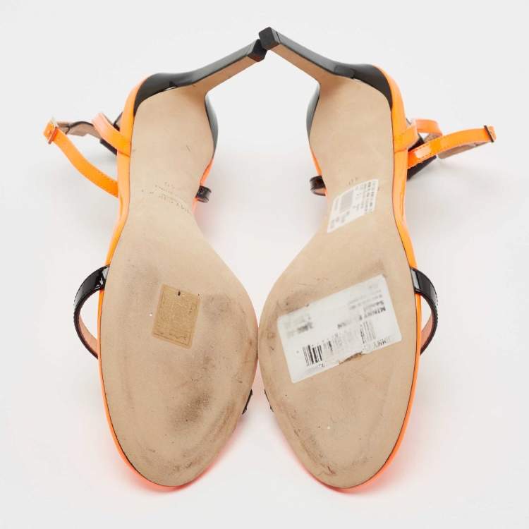 Pre Owned Jimmy Choo Orange/Black Patent Leather Strappy Sandals Size 40