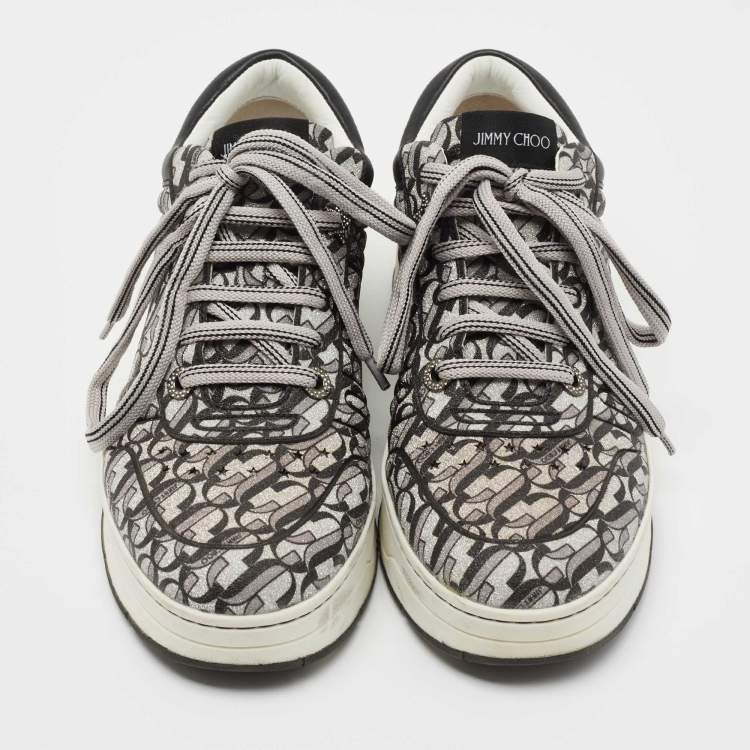Pre Owned Jimmy Choo Silver/Black Glitter and Leather Hawaii Sneakers Size 40