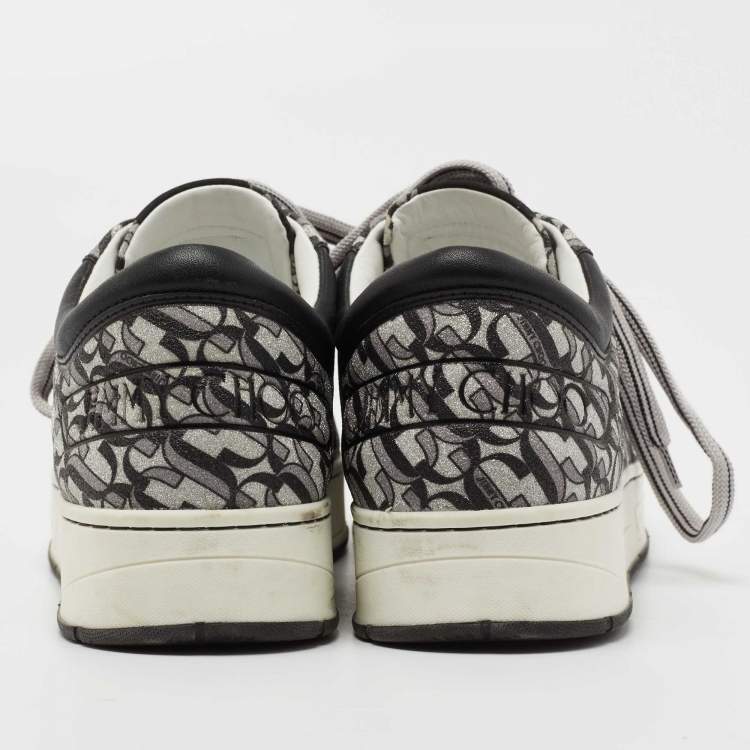 Pre Owned Jimmy Choo Silver/Black Glitter and Leather Hawaii Sneakers Size 40