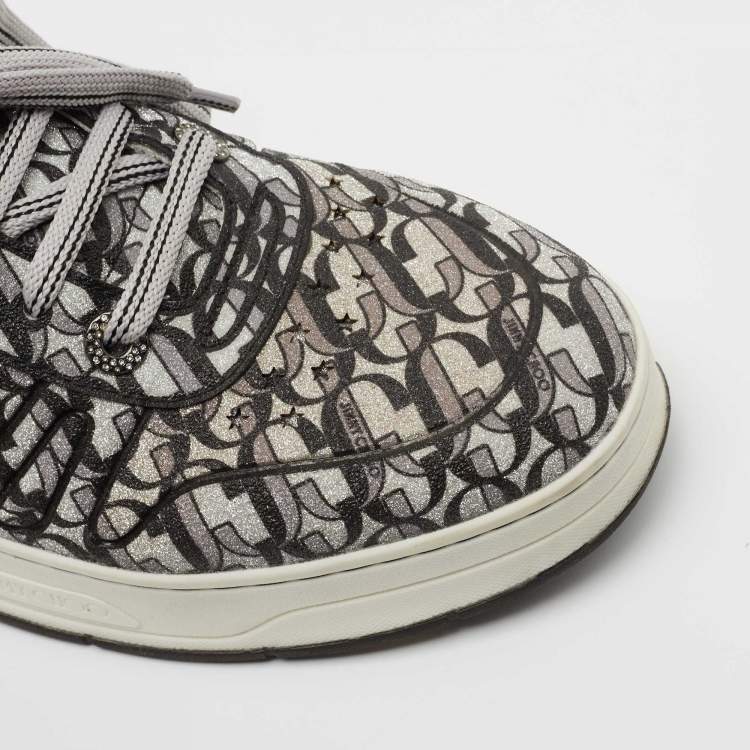 Pre Owned Jimmy Choo Silver/Black Glitter and Leather Hawaii Sneakers Size 40