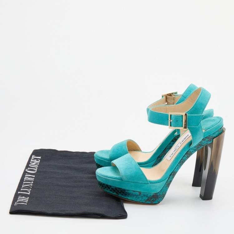 Pre Owned Jimmy Choo Turquoise Blue Suede Dora Platform Ankle Strap Sandals Size 36