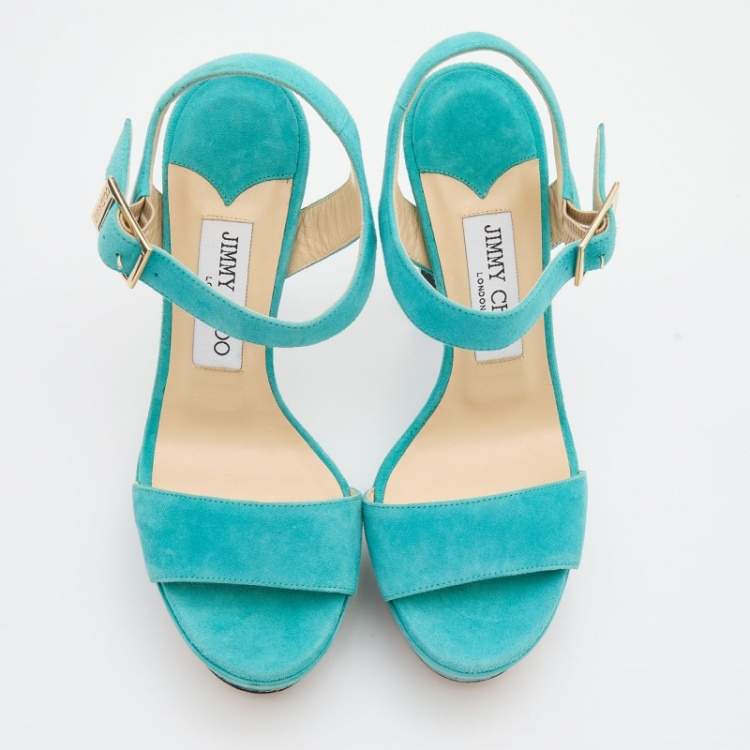 Pre Owned Jimmy Choo Turquoise Blue Suede Dora Platform Ankle Strap Sandals Size 36