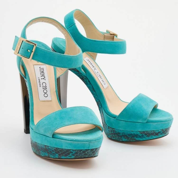 Pre Owned Jimmy Choo Turquoise Blue Suede Dora Platform Ankle Strap Sandals Size 36