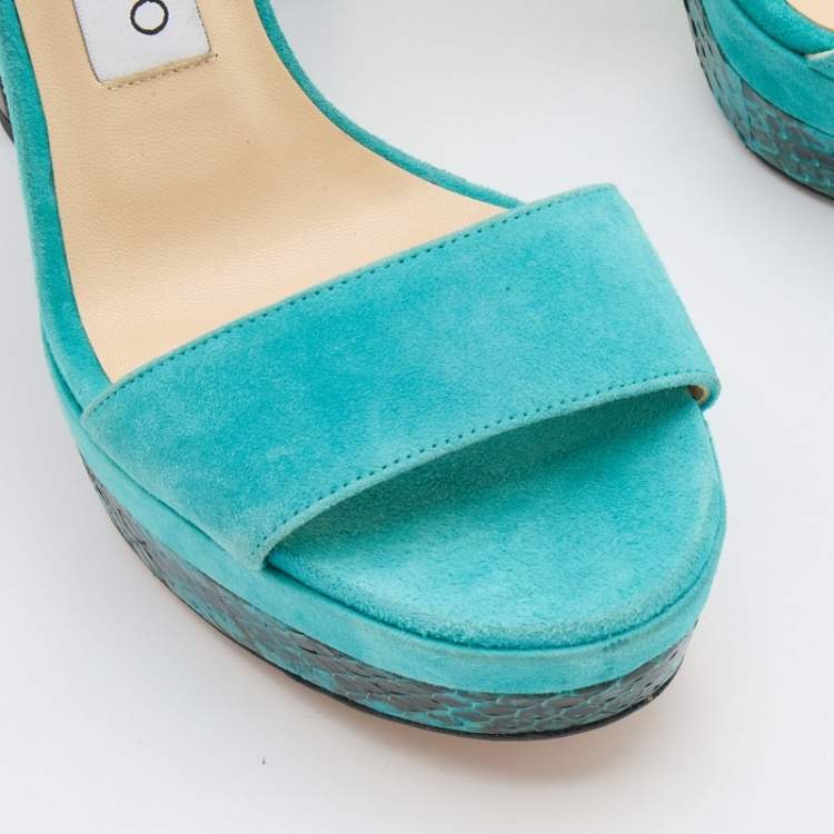 Pre Owned Jimmy Choo Turquoise Blue Suede Dora Platform Ankle Strap Sandals Size 36