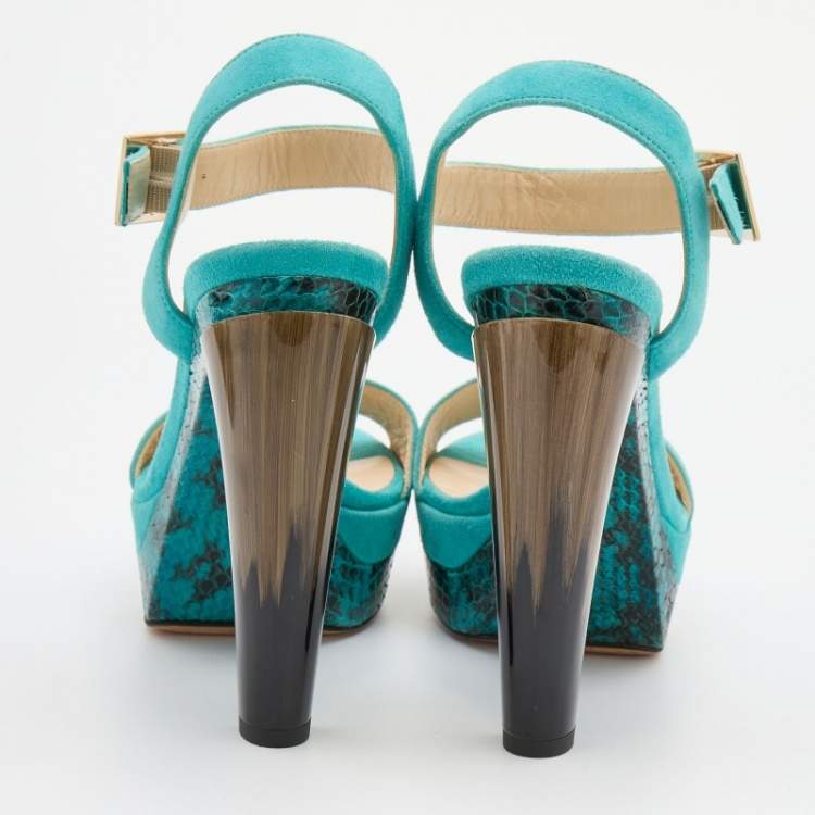 Pre Owned Jimmy Choo Turquoise Blue Suede Dora Platform Ankle Strap Sandals Size 36