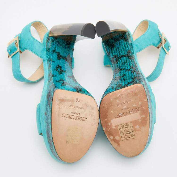Pre Owned Jimmy Choo Turquoise Blue Suede Dora Platform Ankle Strap Sandals Size 36