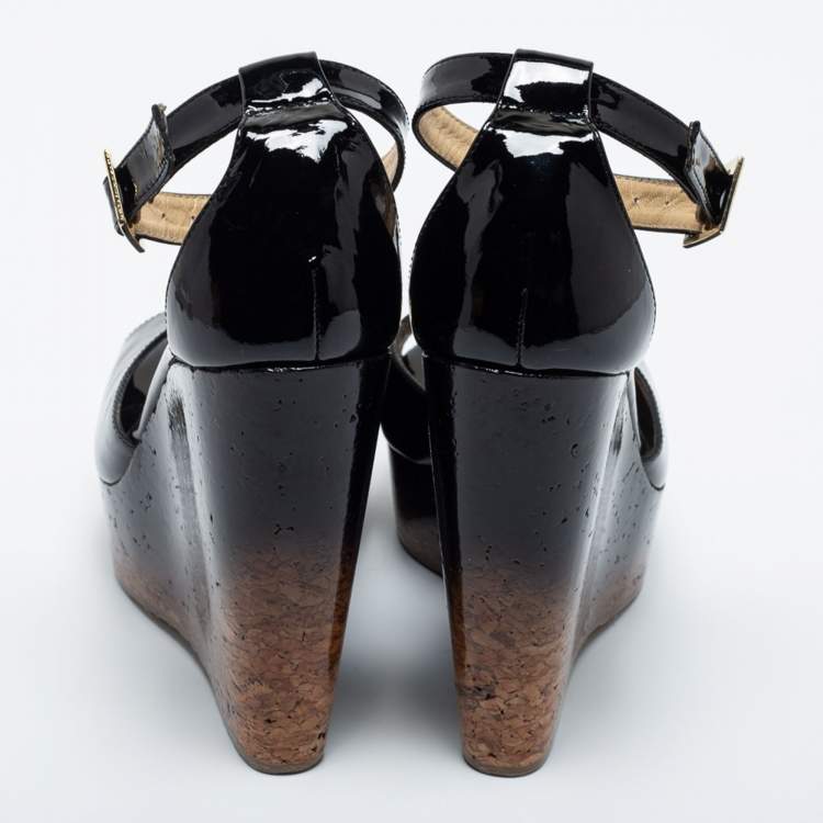 Pre Owned Jimmy Choo Black Patent Leather Pela Cork Wedge Sandals Size 37.5
