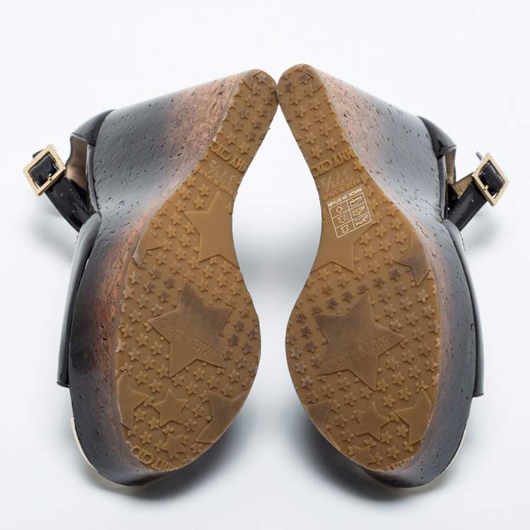 Pre Owned Jimmy Choo Black Patent Leather Pela Cork Wedge Sandals Size 37.5