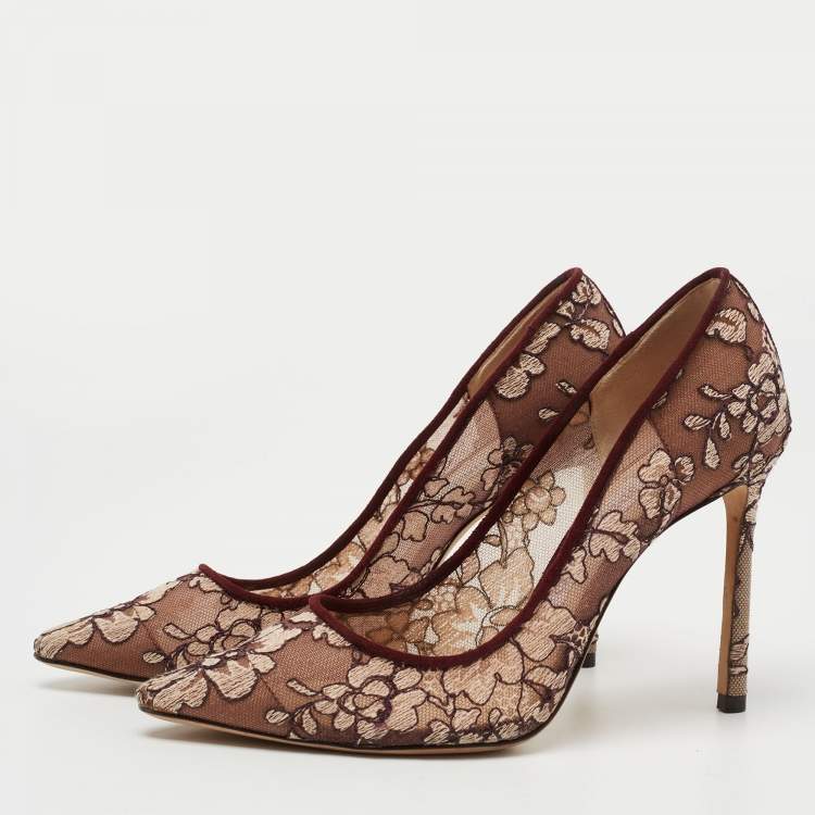 Pre Owned Jimmy Choo Two Tone Embroidered Mesh Romy Pumps Size 36.5