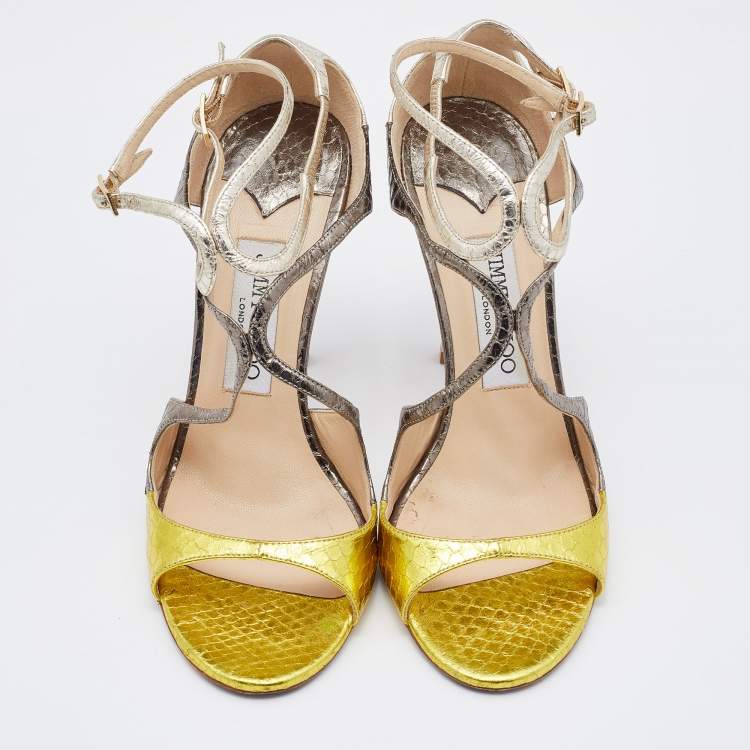 Pre Owned Jimmy Choo Tricolor Python Leather Strappy Sandals Size 38