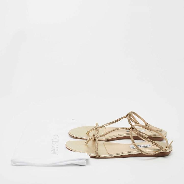 Pre Owned Jimmy Choo Gold Glitter T-Strap Thong Flat Ankle Strap Sandals Size 41