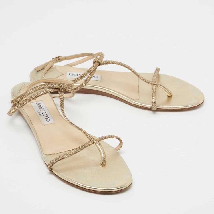 Pre Owned Jimmy Choo Gold Glitter T-Strap Thong Flat Ankle Strap Sandals Size 41
