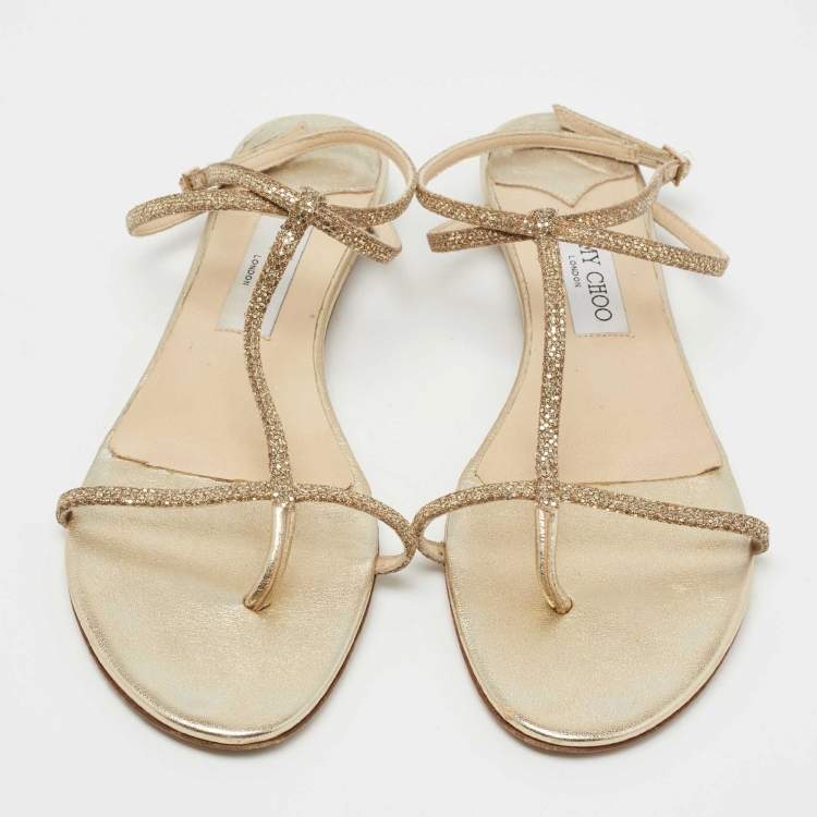 Pre Owned Jimmy Choo Gold Glitter T-Strap Thong Flat Ankle Strap Sandals Size 41