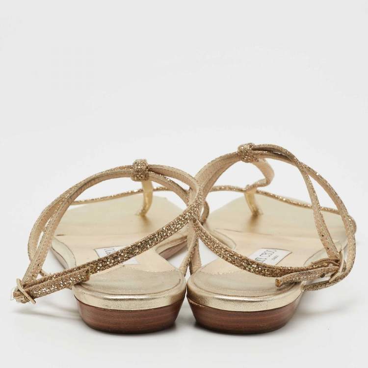 Pre Owned Jimmy Choo Gold Glitter T-Strap Thong Flat Ankle Strap Sandals Size 41