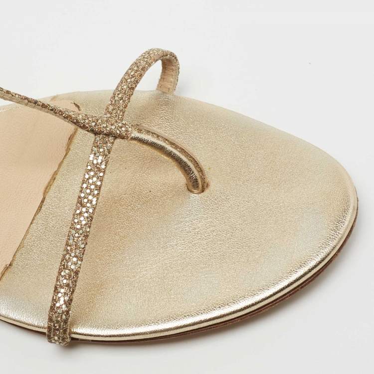 Pre Owned Jimmy Choo Gold Glitter T-Strap Thong Flat Ankle Strap Sandals Size 41