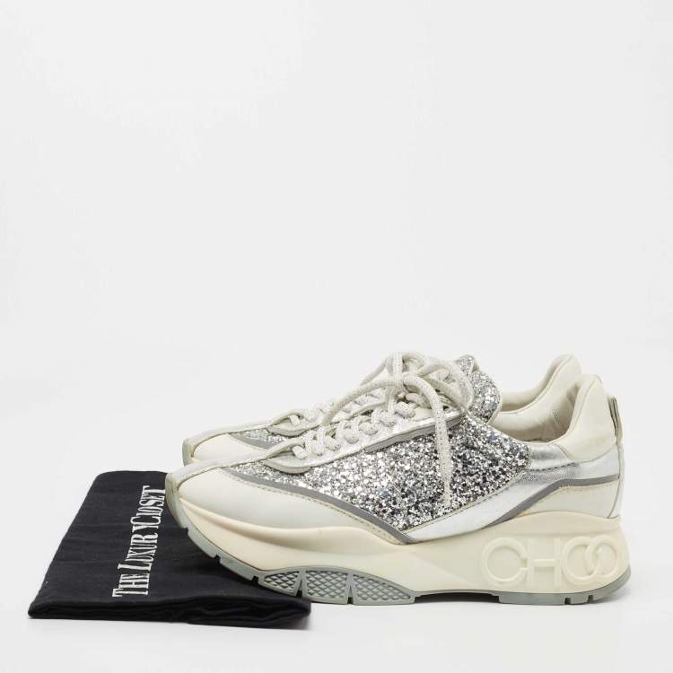 Pre Owned Jimmy Choo White/Silver Leather and Coarse Glitter Raine Sneakers Size 37.5