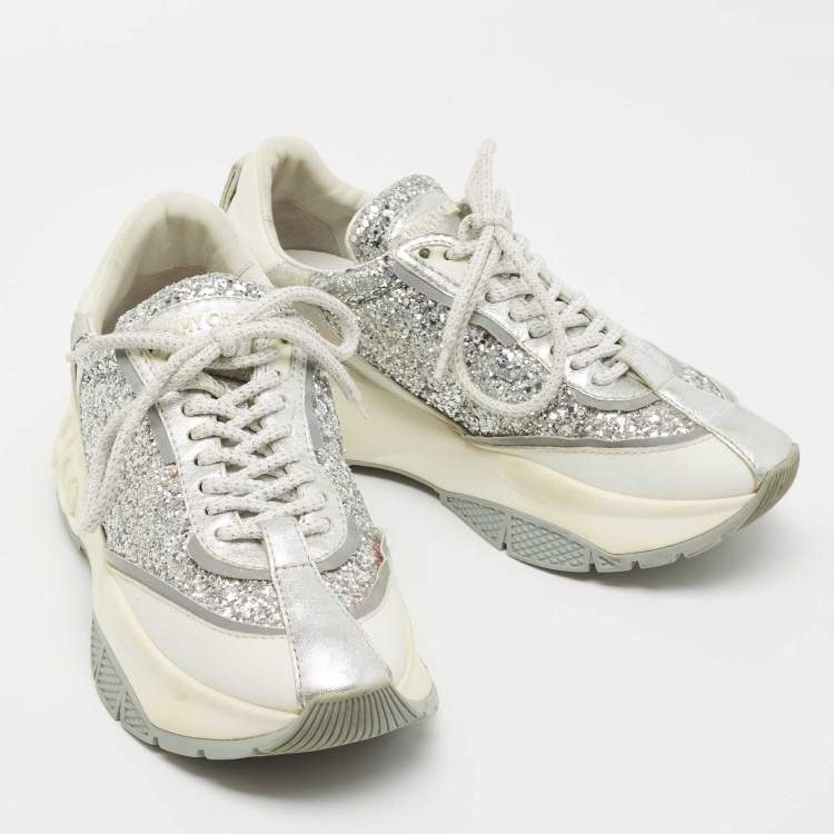 Pre Owned Jimmy Choo White/Silver Leather and Coarse Glitter Raine Sneakers Size 37.5