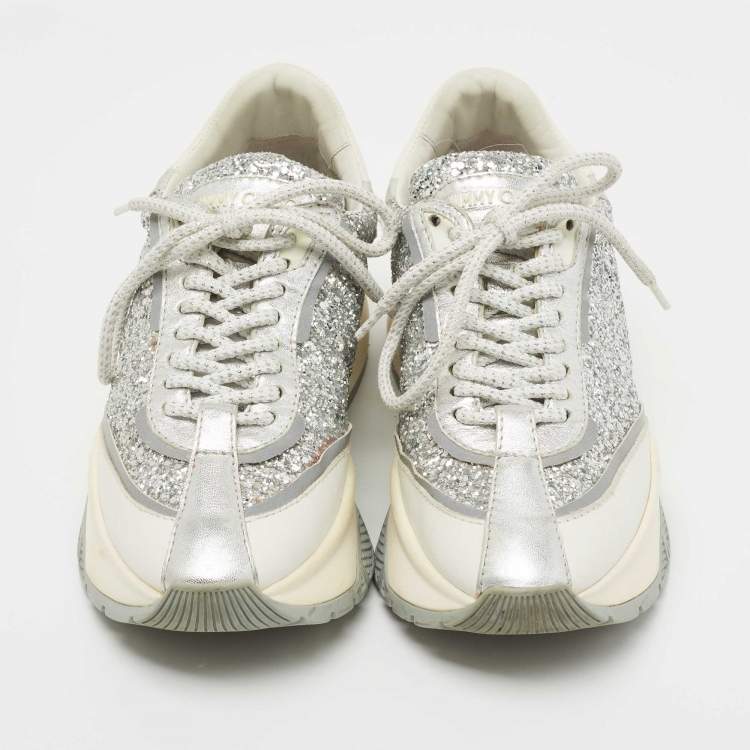 Pre Owned Jimmy Choo White/Silver Leather and Coarse Glitter Raine Sneakers Size 37.5