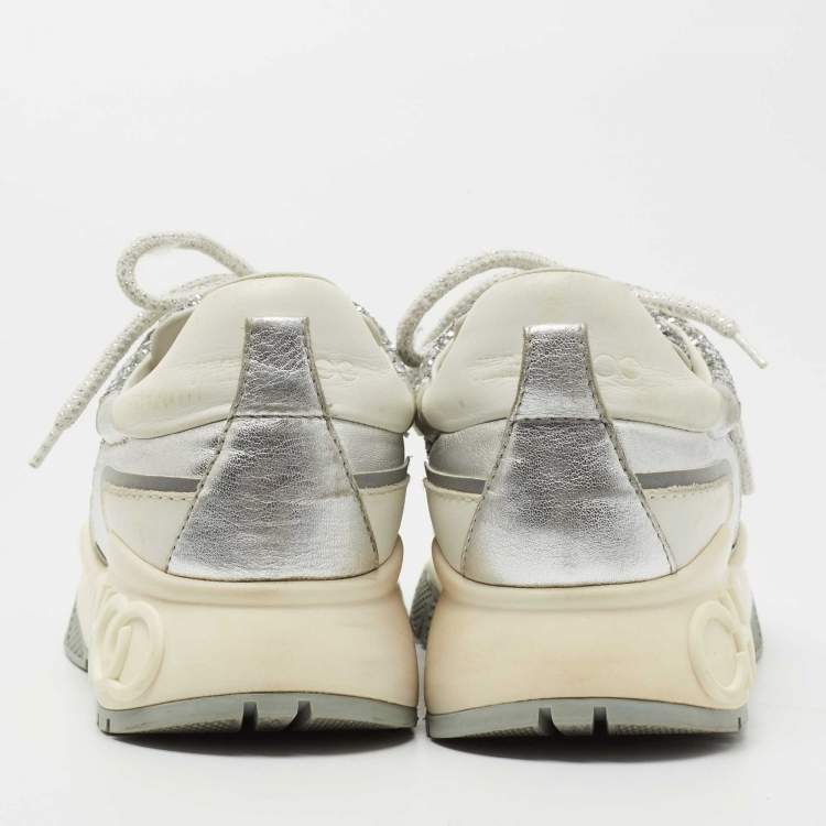 Pre Owned Jimmy Choo White/Silver Leather and Coarse Glitter Raine Sneakers Size 37.5