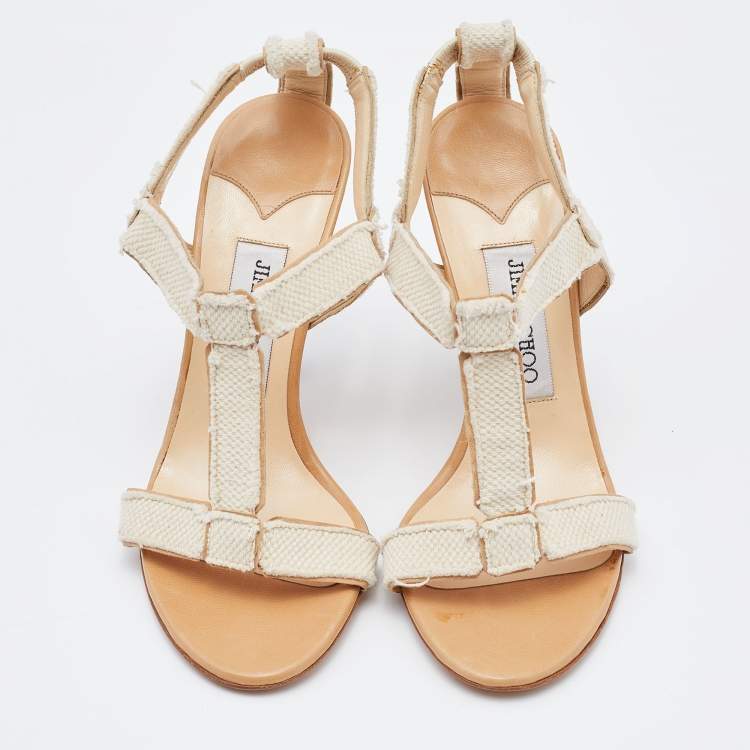 Pre Owned Jimmy Choo Off White Canvas T Strap Sandals Size 37