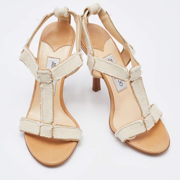 Pre Owned Jimmy Choo Off White Canvas T Strap Sandals Size 37