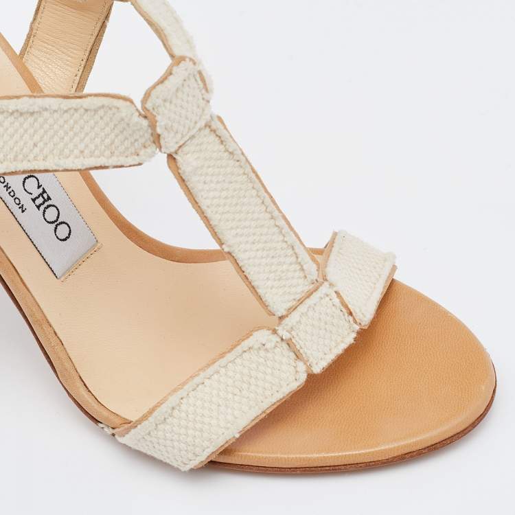 Pre Owned Jimmy Choo Off White Canvas T Strap Sandals Size 37