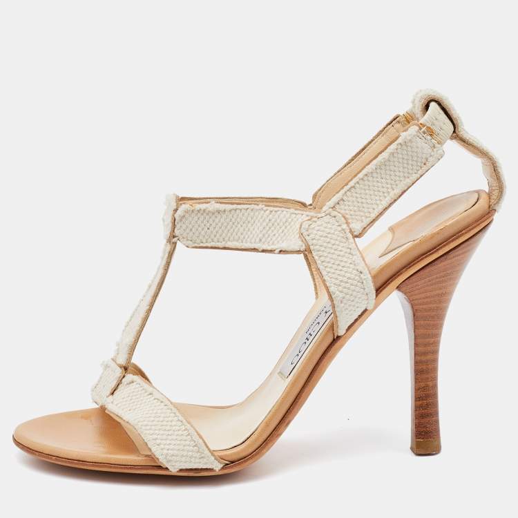 Pre Owned Jimmy Choo Off White Canvas T Strap Sandals Size 37
