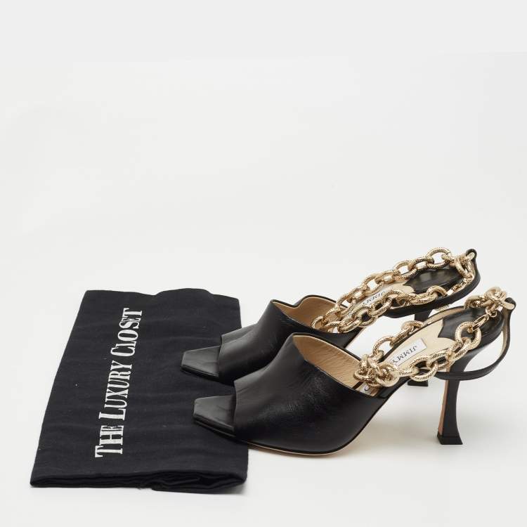Pre Owned Jimmy Choo Black Leather Sae Ankle Chain Sandals Size 36