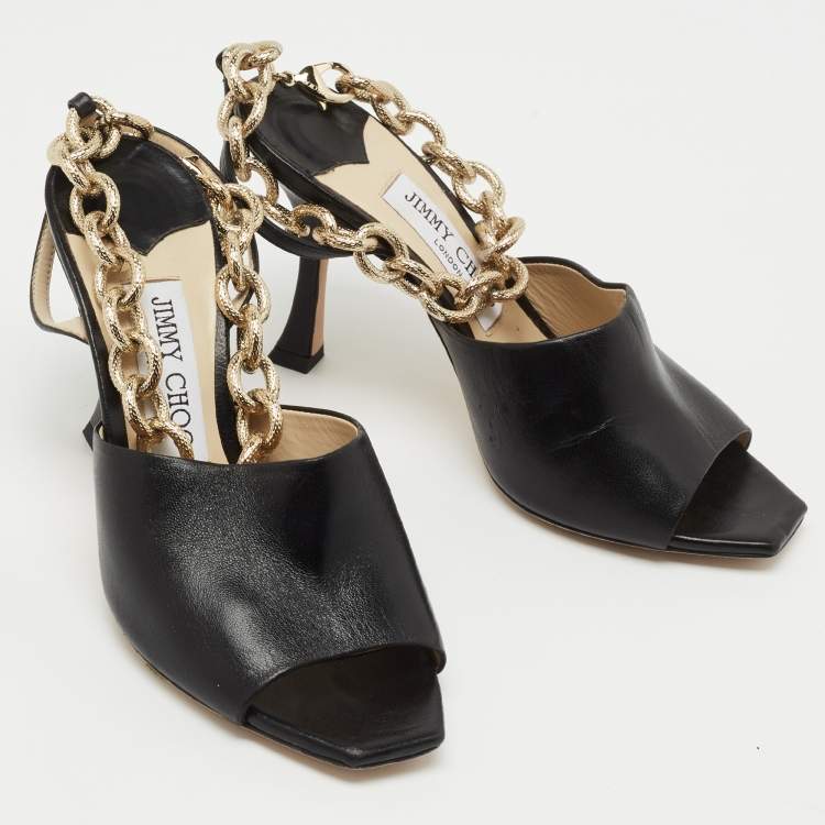 Pre Owned Jimmy Choo Black Leather Sae Ankle Chain Sandals Size 36