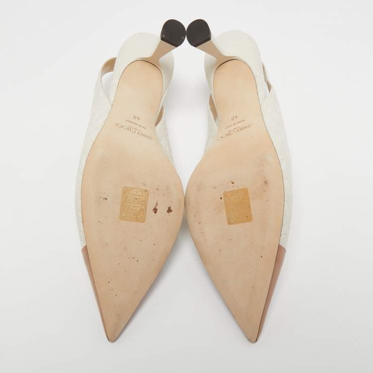 Pre Owned Jimmy Choo White/Beige Canvas and Patent Leather  Slingback Pumps Size 40 