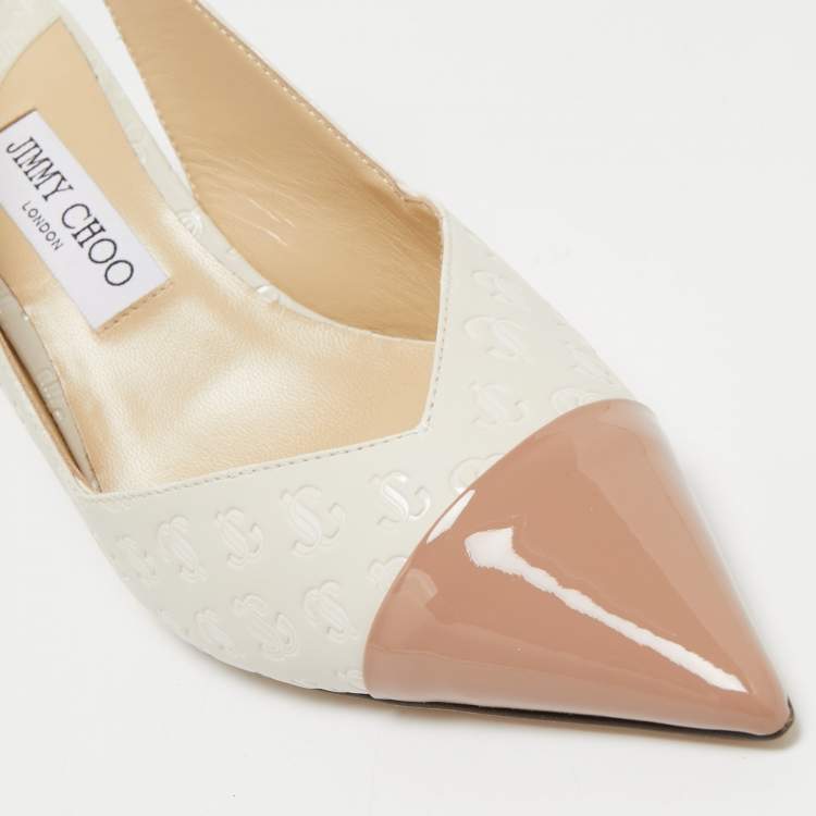 Pre Owned Jimmy Choo White/Beige Canvas and Patent Leather  Slingback Pumps Size 40 