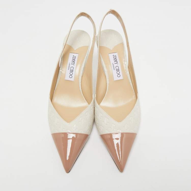 Pre Owned Jimmy Choo White/Beige Canvas and Patent Leather  Slingback Pumps Size 40 