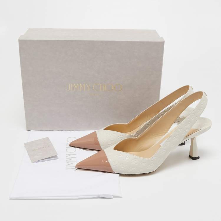 Pre Owned Jimmy Choo White/Beige Canvas and Patent Leather  Slingback Pumps Size 40 
