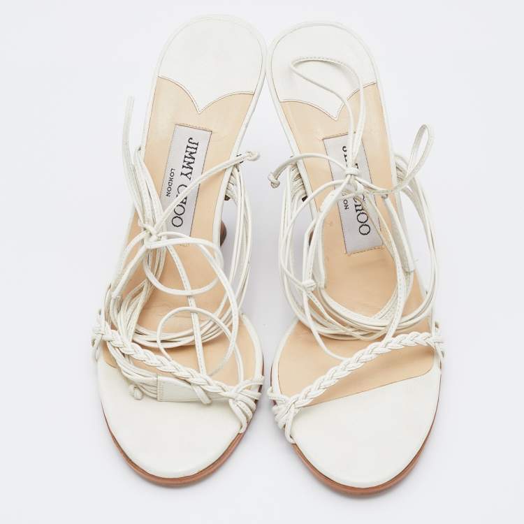 Pre Owned Jimmy Choo White Leather Ankle Wrap Wedge Sandals Size 37.5
