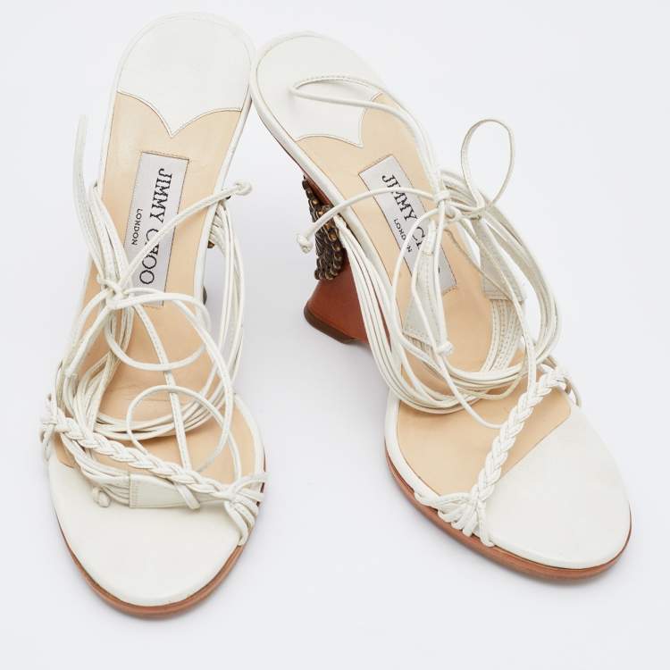 Pre Owned Jimmy Choo White Leather Ankle Wrap Wedge Sandals Size 37.5