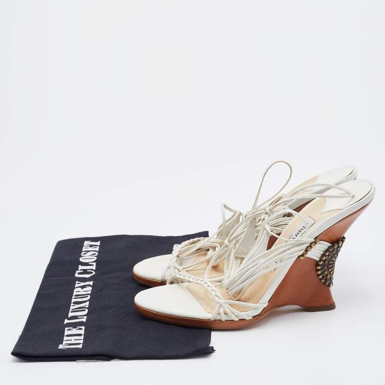 Pre Owned Jimmy Choo White Leather Ankle Wrap Wedge Sandals Size 37.5
