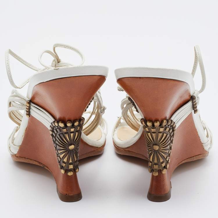 Pre Owned Jimmy Choo White Leather Ankle Wrap Wedge Sandals Size 37.5