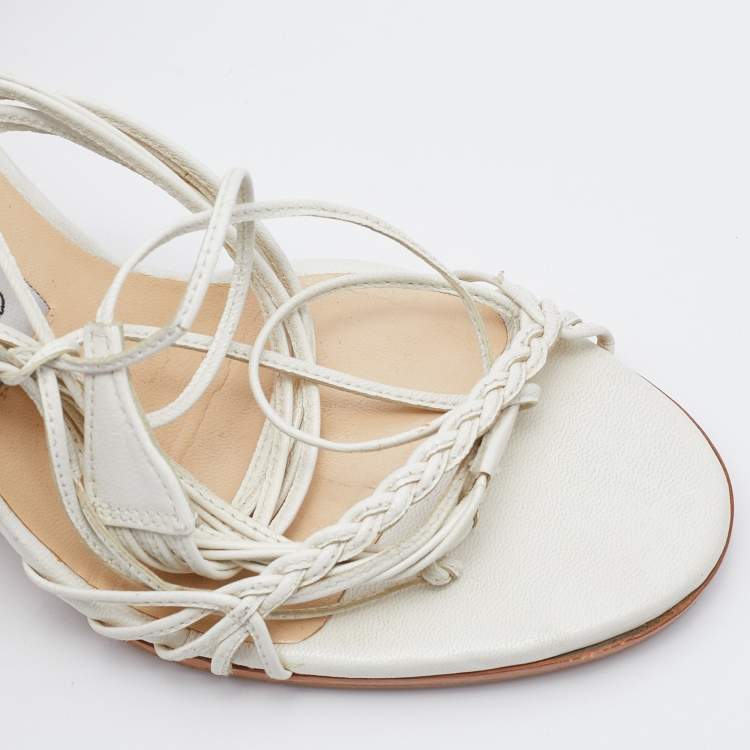 Pre Owned Jimmy Choo White Leather Ankle Wrap Wedge Sandals Size 37.5