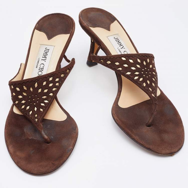 Pre Owned Jimmy Choo Brown Suede Laser Cutout Thong Sandals Size 37