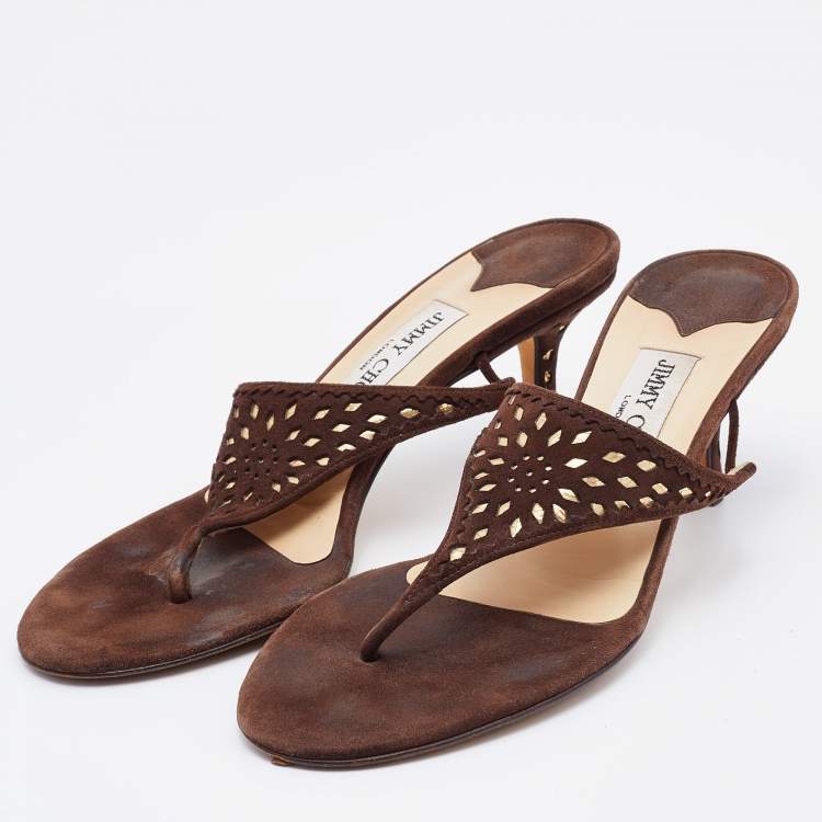 Pre Owned Jimmy Choo Brown Suede Laser Cutout Thong Sandals Size 37