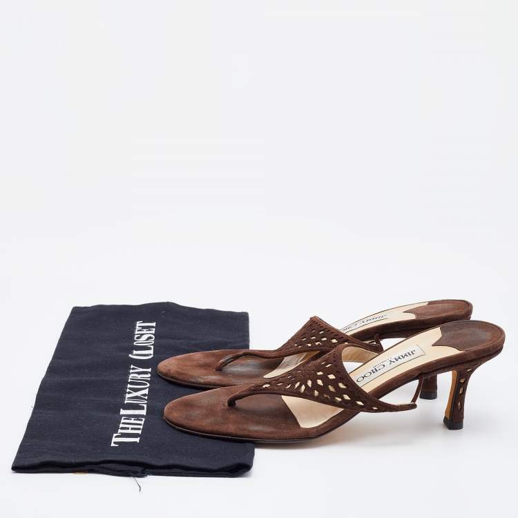 Pre Owned Jimmy Choo Brown Suede Laser Cutout Thong Sandals Size 37