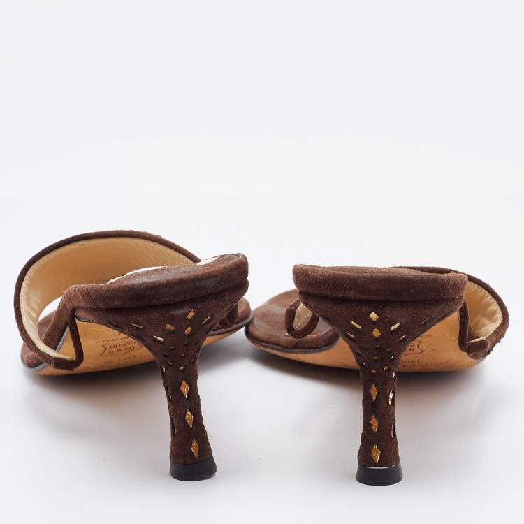 Pre Owned Jimmy Choo Brown Suede Laser Cutout Thong Sandals Size 37