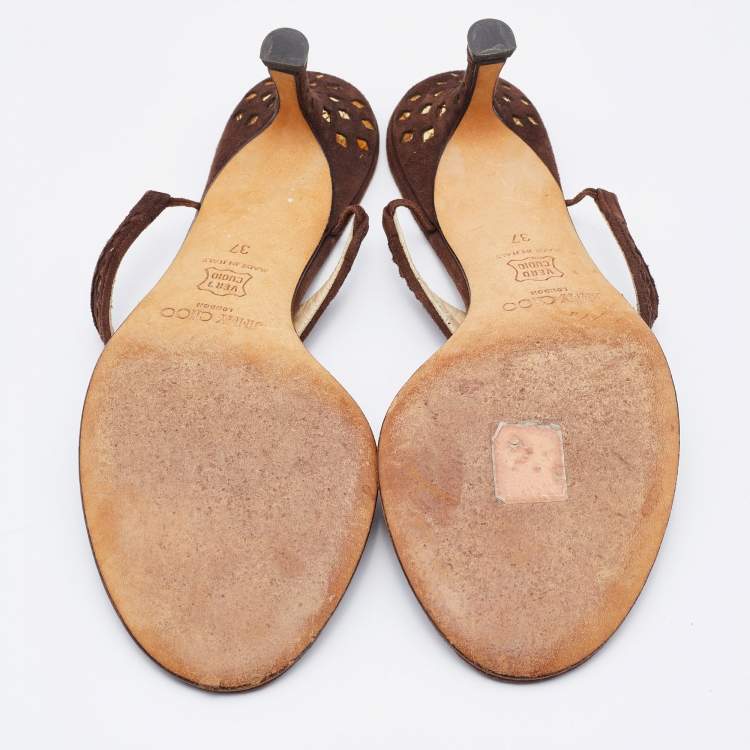 Pre Owned Jimmy Choo Brown Suede Laser Cutout Thong Sandals Size 37