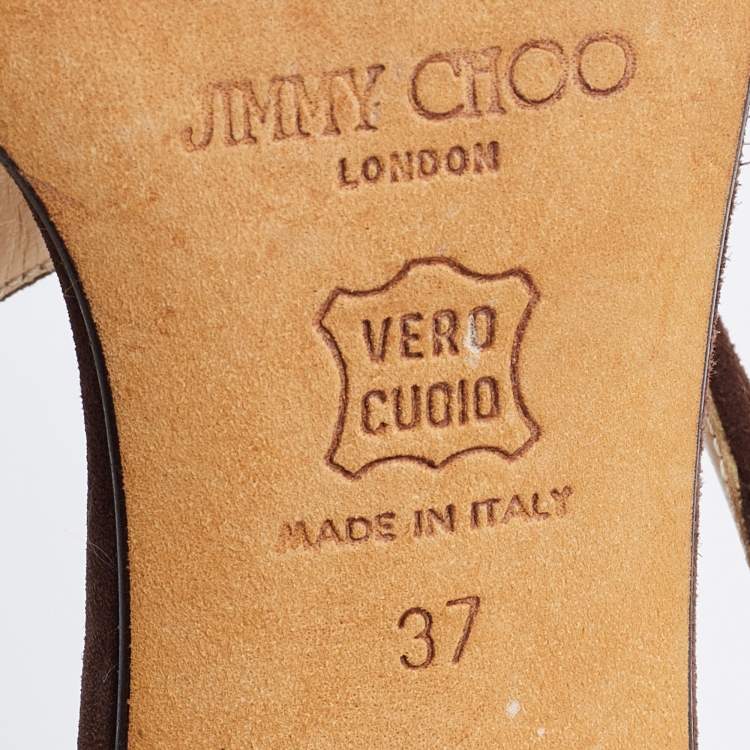 Pre Owned Jimmy Choo Brown Suede Laser Cutout Thong Sandals Size 37